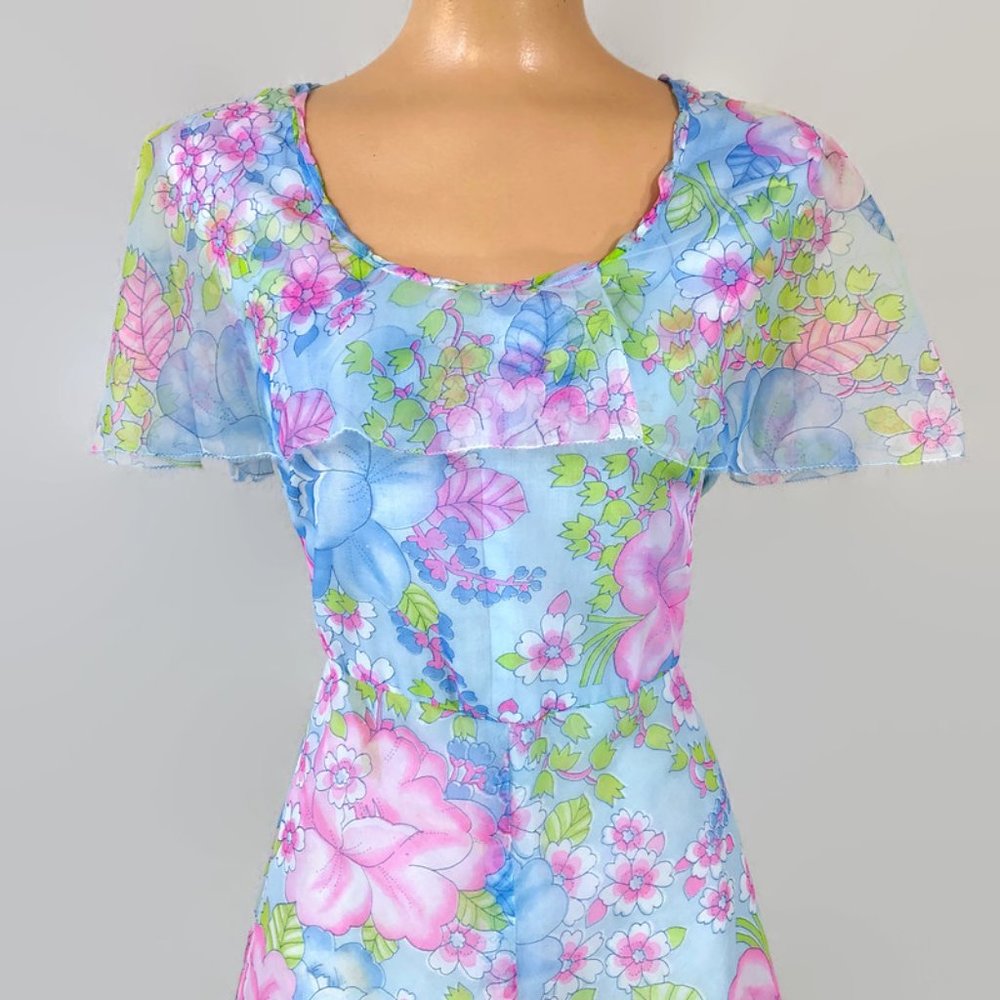 TLC SALE- Vintage 60s 70s Floral Chiffon Day Dress As-Is - Picture 3 of 8